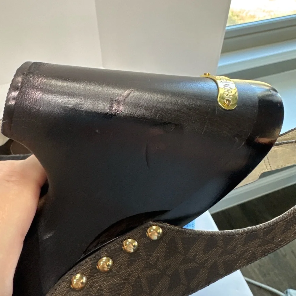 MICHAEL Michael Kors Platform Wedge Brown Monogram Gold Stud Slingback